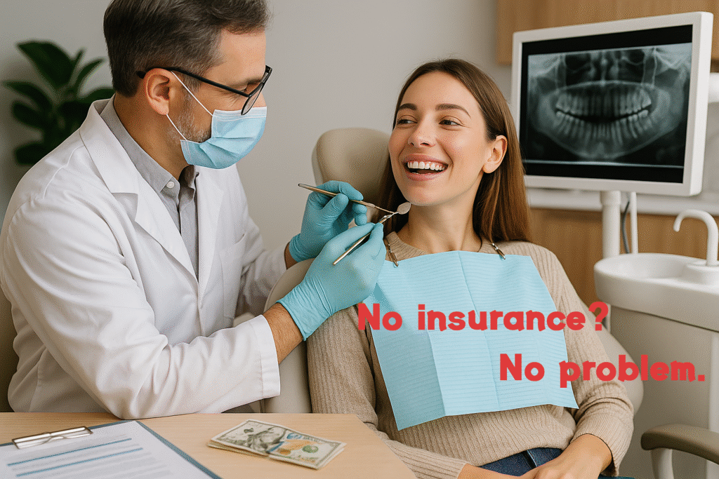 A young woman receiving dental care with a confident smile, without insurance
