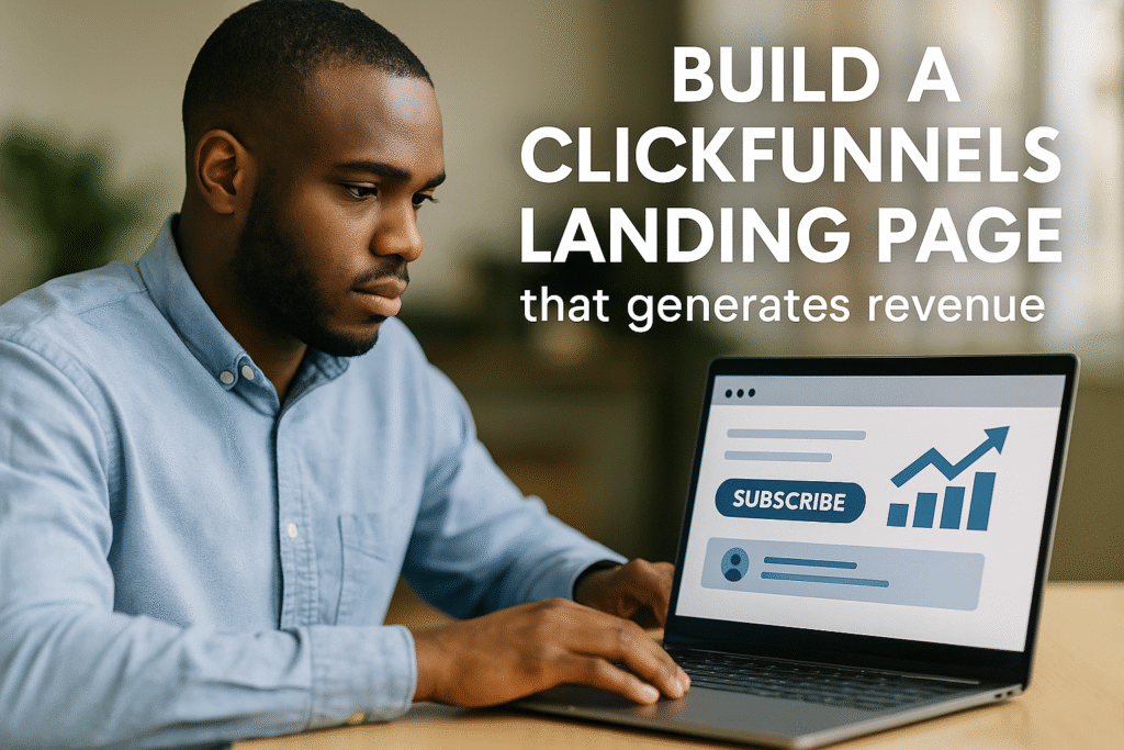 Illustration of a high-converting ClickFunnels landing page on a laptop screen with people interacting and a rising sales graph.