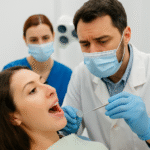 A dentist examines a patient's teeth in a modern clinic setting.