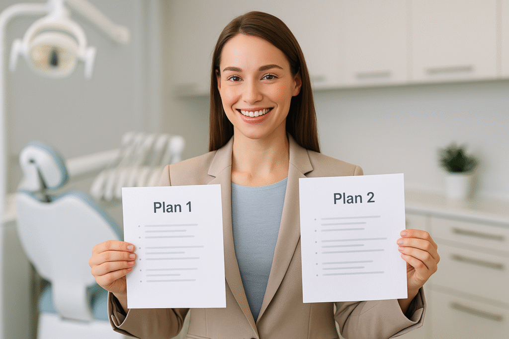 A smiling woman in navy scrubs stands inside a dental office, holding two signs labeled “Basic Plan” and “Premium Plan” while facing slightly sideways, conveying clarity and trust.
