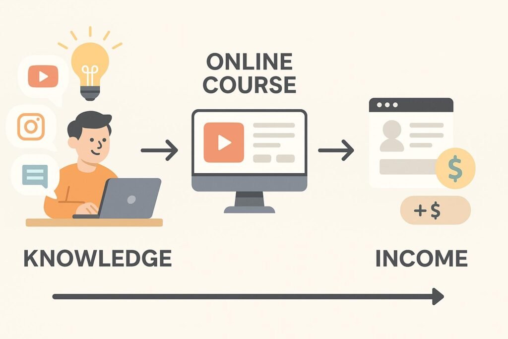 A flat-style infographic showing the process of turning personal knowledge into an online course and generating income, with icons of social media, a computer course screen, and payment symbols.