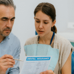 A dentist showing a treatment estimate to a patient at a clinic desk