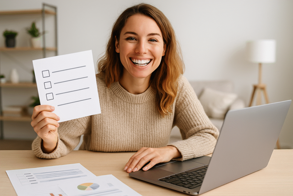 A woman smiling brightly after selecting a dental savings plan, symbolizing success in reducing dental care costs in a confident and relaxed setting.