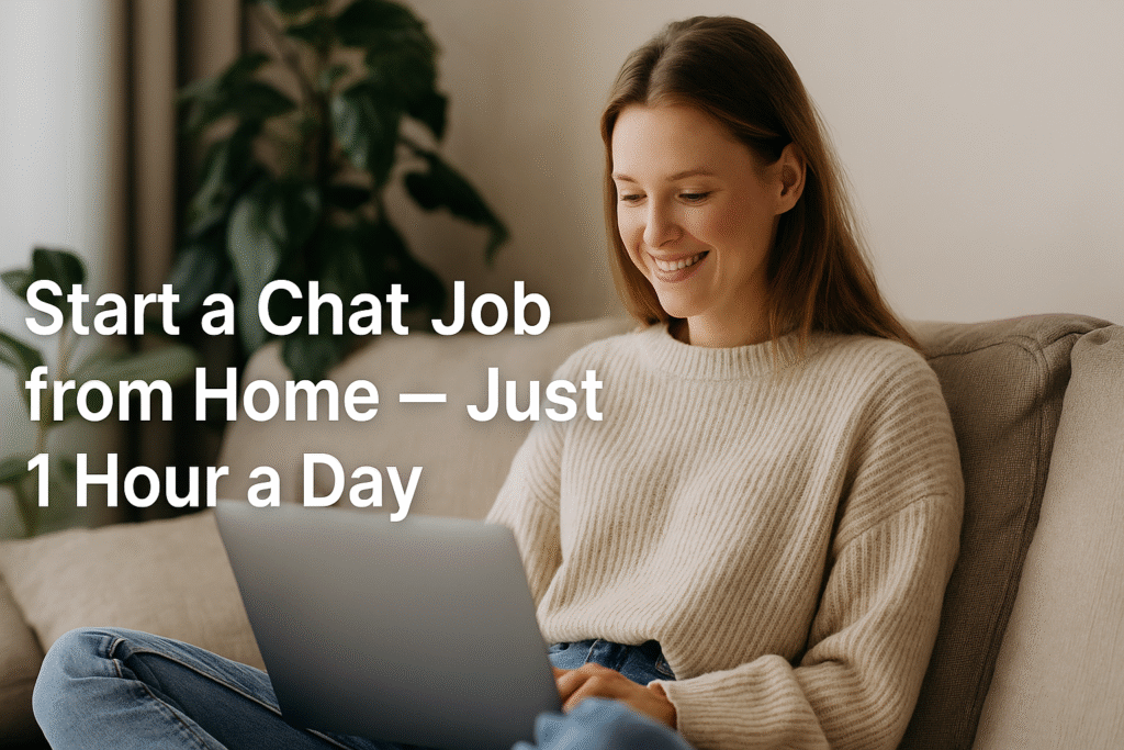 A smiling young woman sitting at a laptop at home, starting a remote chat job.