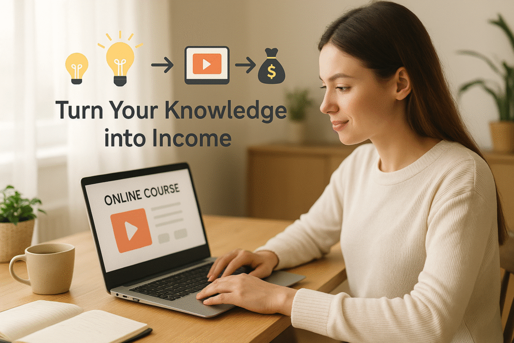 A confident young woman using a laptop in a cozy home office, symbolizing online course creation and digital income.