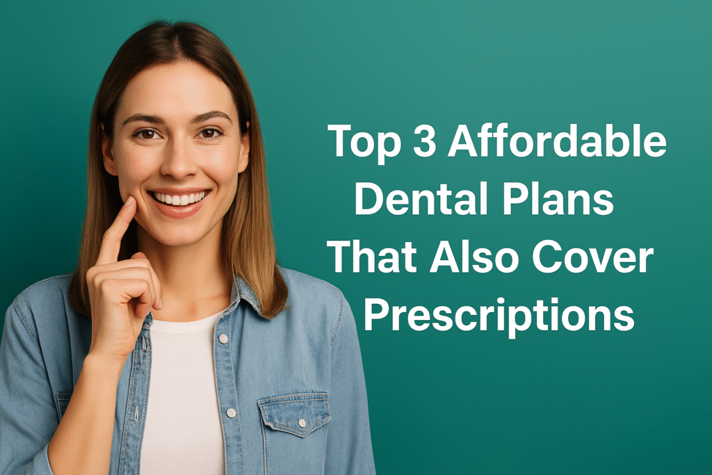 A smiling adult woman in a dental clinic holding a brochure, representing affordable dental plan options that include prescription savings.